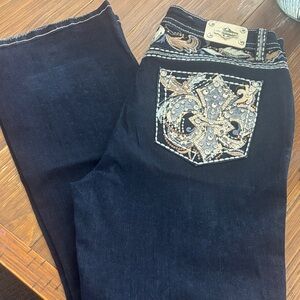 Embellished Dark Blue Boot Cut Women’s Jeans with Decorative Back Pocket